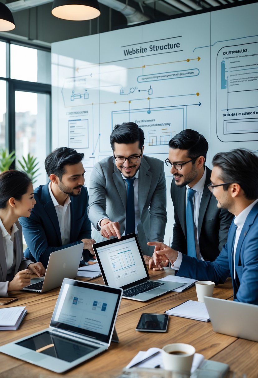 A group of business professionals collaborating around a table with laptops and tablets, planning a website structure using diagrams on a whiteboard.