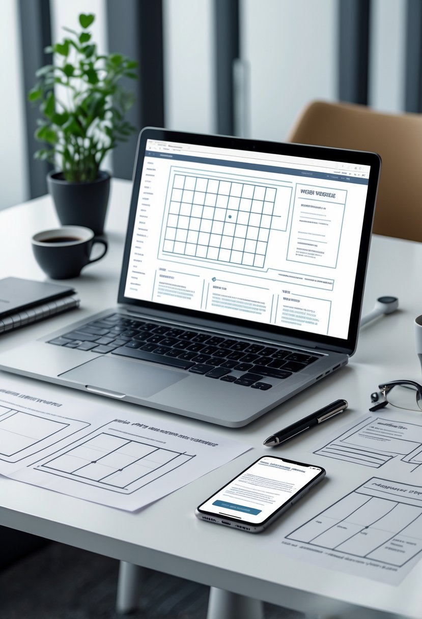 A workspace with a laptop showing a website design, sketches of website layouts, and a smartphone displaying a mobile version of the site.
